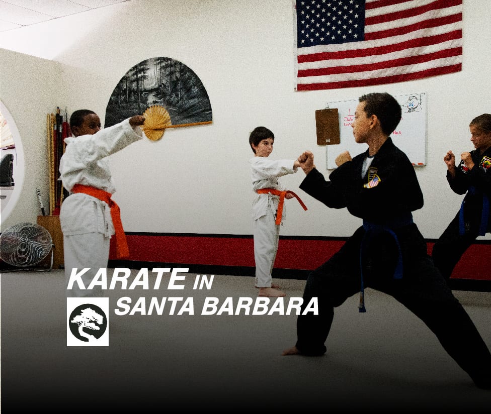 Three young students in white and black gis practicing strikes below the American flag at USSD Santa Barbara, captioned "Karate in Santa Barbara."